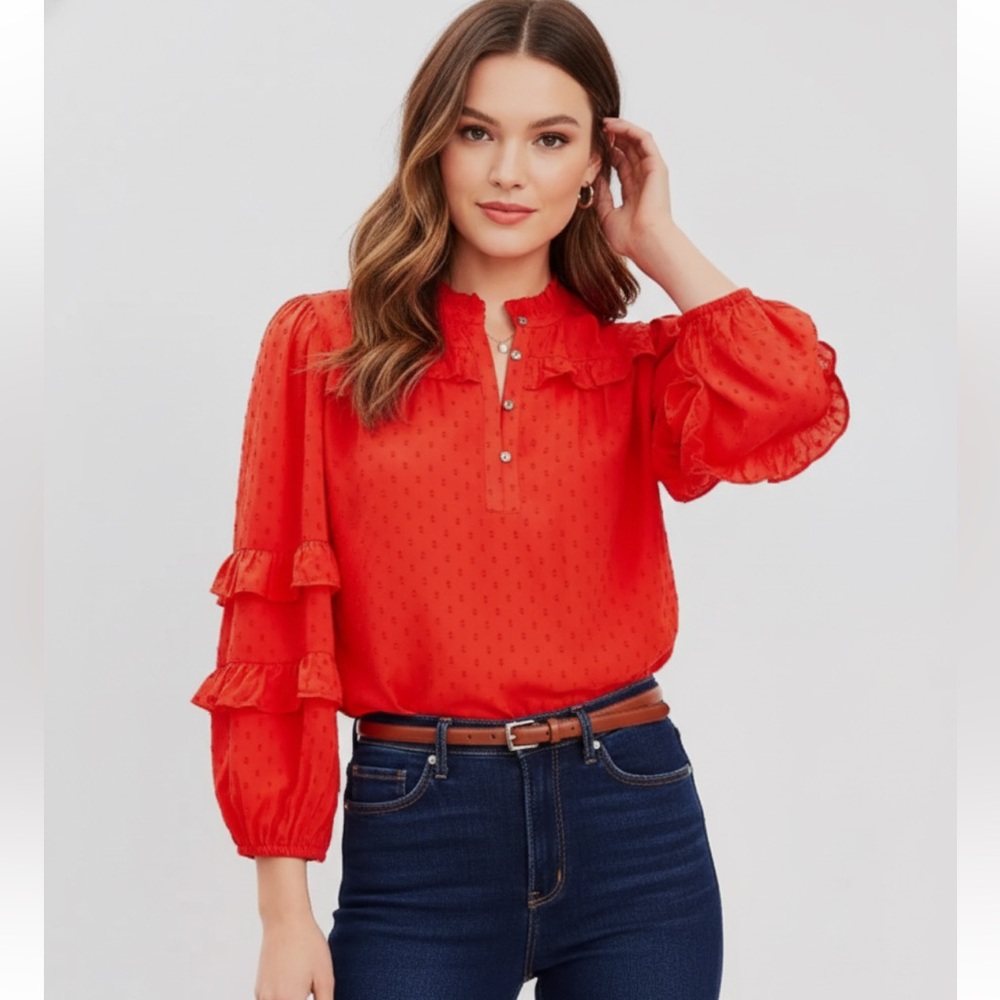 LOFT Women's Coral Bright Orange Ruffled Swiss Dot Blouse Top Size XL